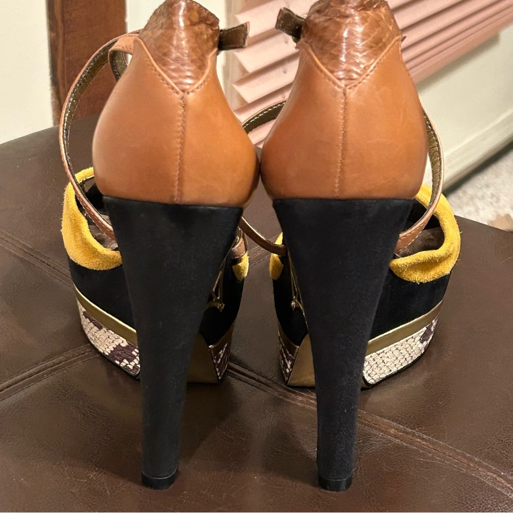 Sam Edelman Gold and Black Suede with Snakeskin Platform Heels Size 7M - Picture 6 of 11